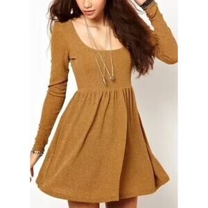 NWT Free People Day & Night Gold Metallic Long Sleeve Babydoll Mini Dress Sz XS